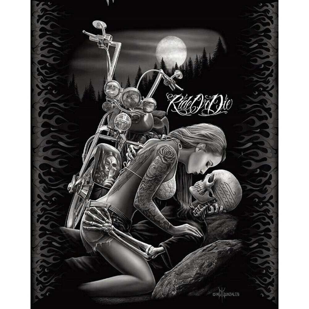 New Lovers Ride or Die Motorcycle Fleece Throw Gift Blanket Skeleton Kiss Skull